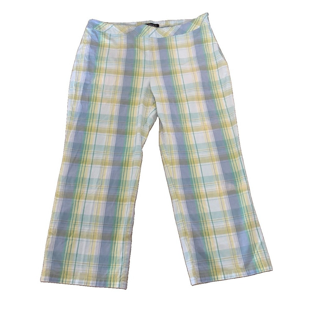 VTG Y2K Xhileration Capris Plaid Blue Green Low Rise Cotton Size 15 34" Hip